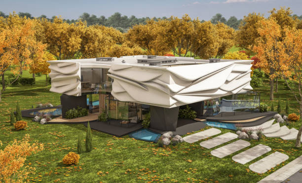 istock 3d rendering of modern house with bionic natural curves plastic forms in autumn day 1601009756