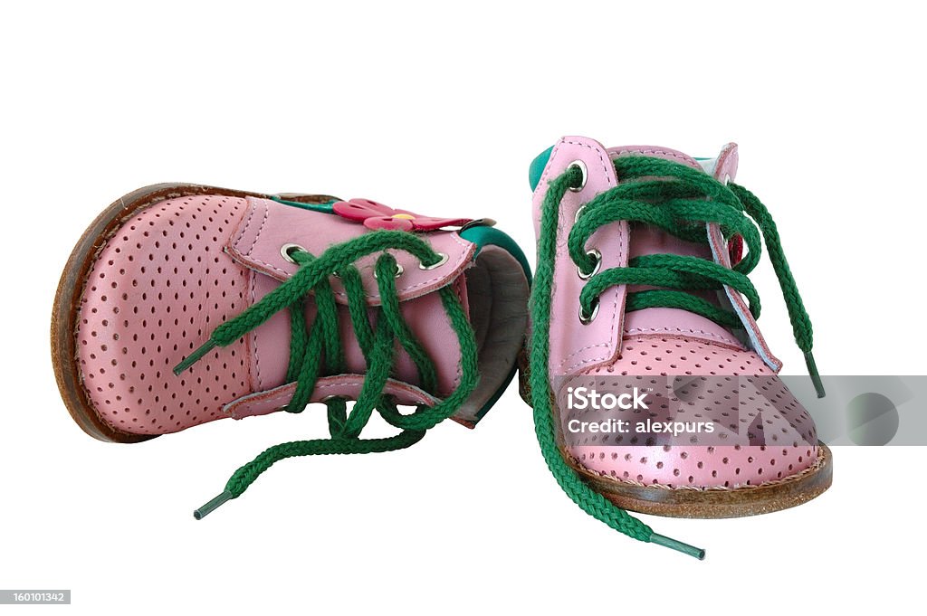 Różowy skóry dziecka buty. - Zbiór zdjęć royalty-free (Białe tło)