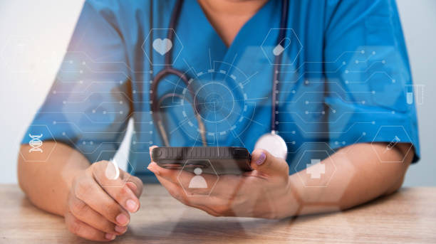 istock Medical concept, futuristic virtual interface screen. Smart medicine doctor working with smart phone in the hospital. 1601021438