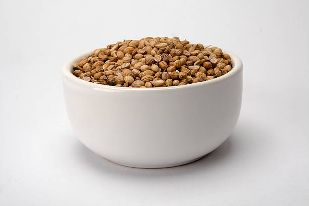 White bowl with coriander seeds stock photo