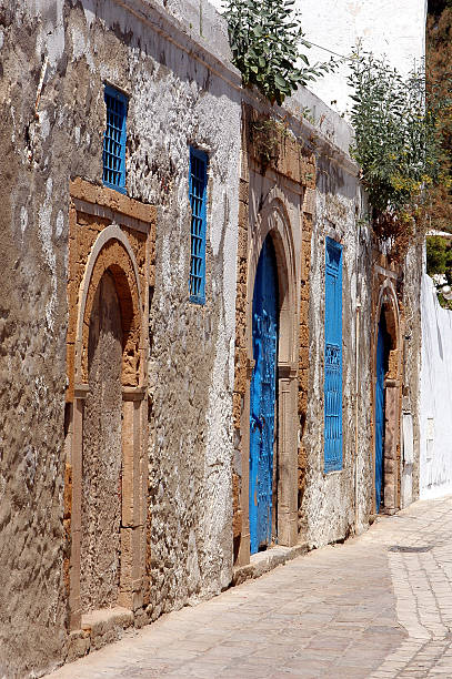 typical door colored in tunis blue stock photo