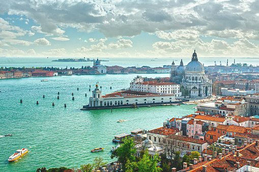 Aerial view of Venice with the Grand Canal and the Basilica of Santa Maria Della Salute
