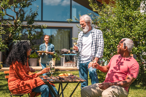 Two male and two female senior friends relish a sunny picnic in their garden. Smiles, laughter, delectable food, and refreshing drinks encapsulate their shared enjoyment of the summer season.