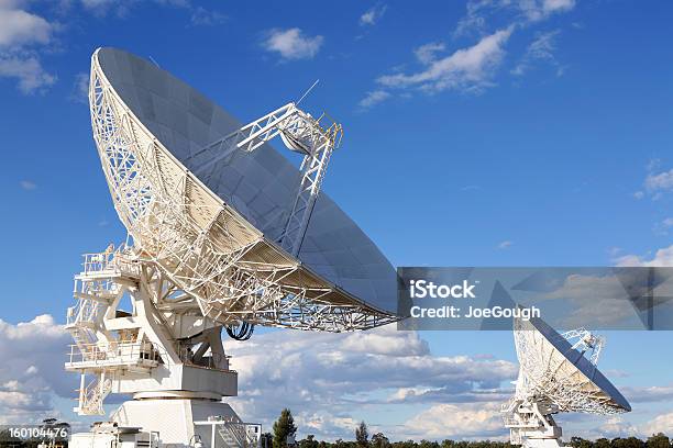 Two Large Satellites Against A Blue Sky Stock Photo - Download Image Now - Hand-Held Telescope, Large, Achievement