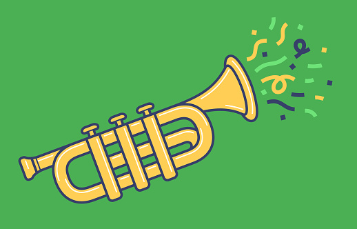 Mardi Grass jazz trumpet celebration horn with confetti.