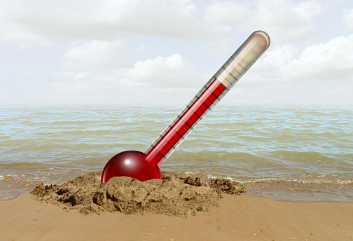 Warming Of The Oceans as a Meteorology concept for extreme global heat index symbol and hot high temperature weather as a greenhouse effect with 3D illustration elements.