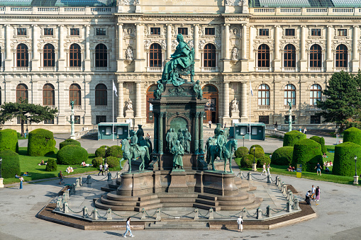 Vienna, Austria - October 2021: Hofburg palace and statue of Prince Eugene on Heldenplatz