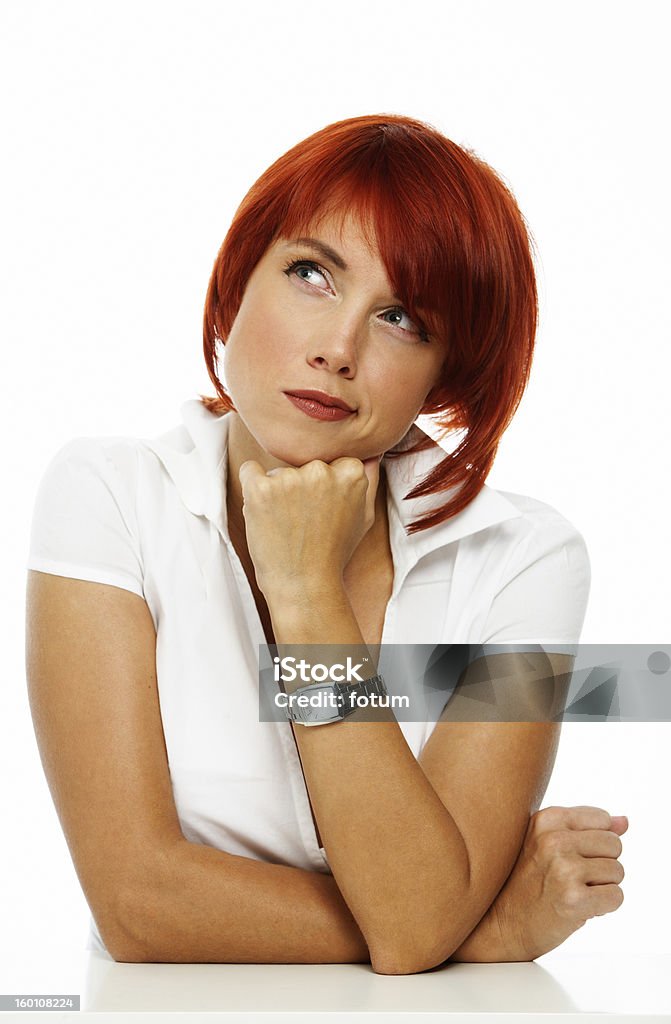 not sure emotional caucasian woman over white Adult Stock Photo