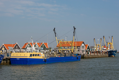 Shrimp trawlers in the harbor of Oudeschild on Texel island.