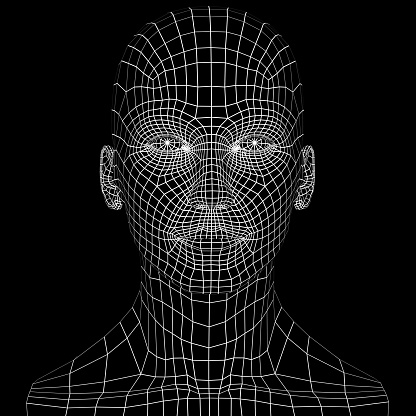 Human head in wireframe with front view on white background. 3D reconstruction of the human head as a concept for facial recognition and identification through artificial intelligence