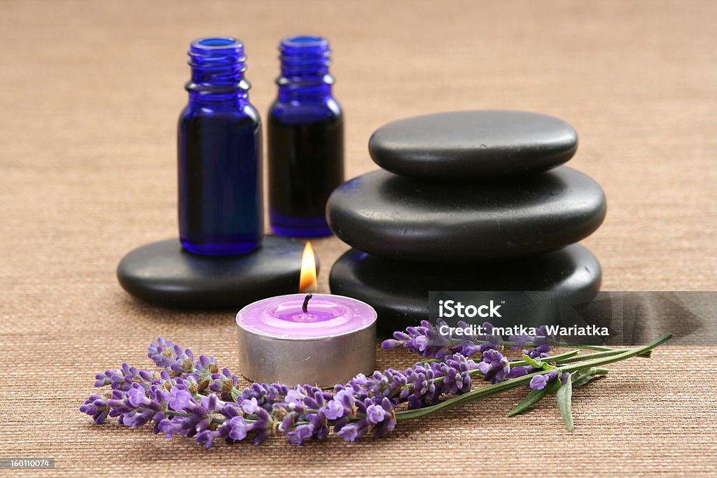 lavender aromatherapy fresh lavender flowers and bottle of oil Aromatherapy Stock Photo