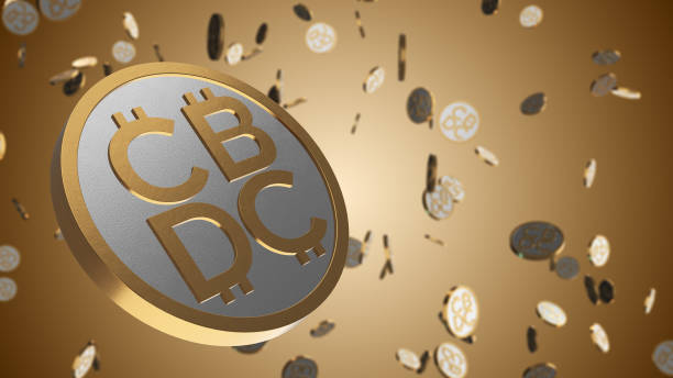 CBDC coin spinning with coins falling in background