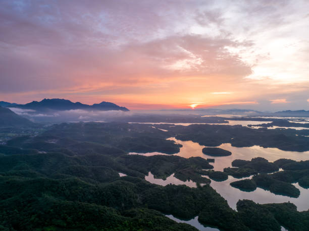 sunset, lake, aerial photography
