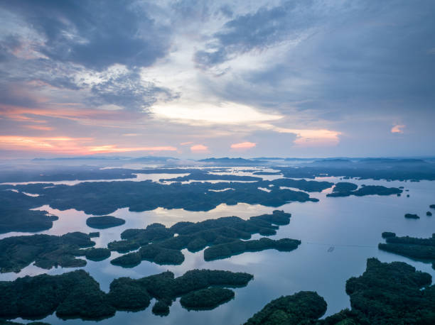 sunset, lake, aerial photography