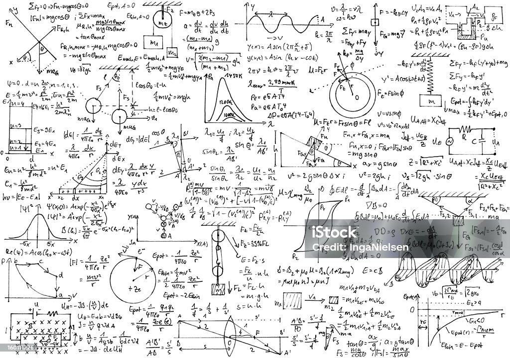 Physics Background with hand written physics formulas diagrams and plans of basic physics experiment setups. Mathematical Formula Stock Photo