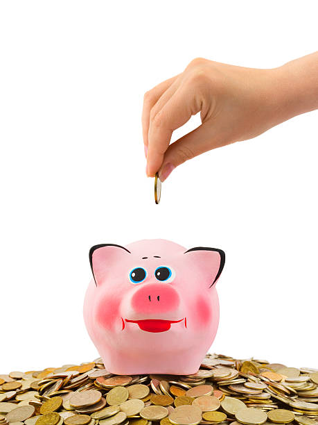 istock Piggy bank and hand with coin 160111388