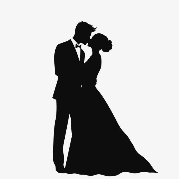 ilustraciones, imágenes clip art, dibujos animados e iconos de stock de novios. los recién casados se besan. silueta negra. ilustración vectorial - dancing women wedding reception men