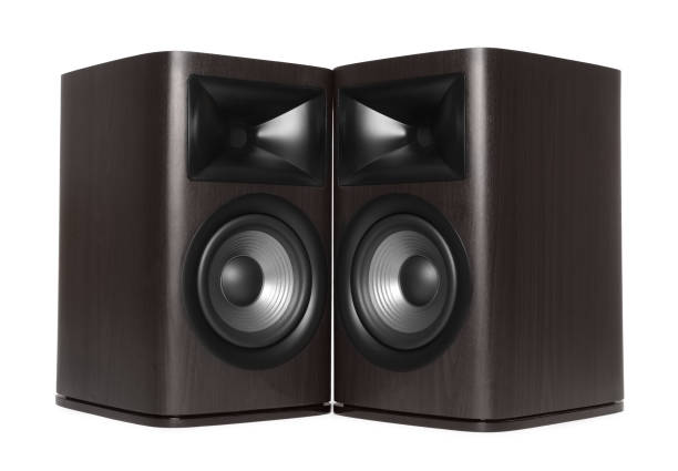 istock Two wooden sound speakers isolated on white 1601117246