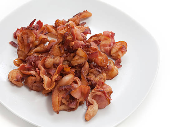 istock Plate of cooked bacon, ready to serve, copy space 160112208