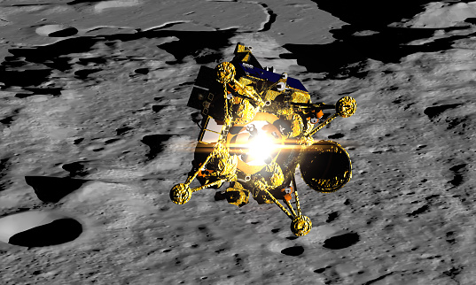 Luna 25 lander Russian lunar exploration program 3D render. 3D render moon suface.