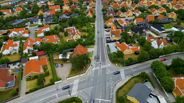 Skagen city from above - drone flying forward over road