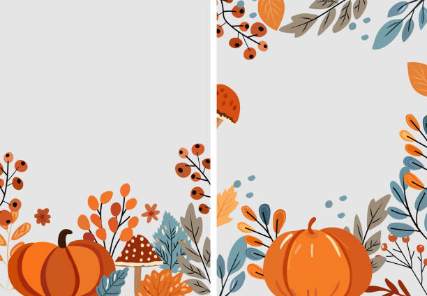 Autumn banner with pumpkin composition with colorful leaves, red berry, mushrooms. Perfect for web, banner, card and Thanksgiving. Vector illustration Autumn banner with pumpkin composition with colorful leaves, red berry, mushrooms. Perfect for web, banner, card and Thanksgiving. Vector illustration thanksgiving border stock illustrations