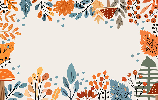 Boho banner with elements autumn, colored tree, autumn leaves, mushrooms and forest berries. Perfect for web, harvest festival, banner, card and Thanksgiving. Vector