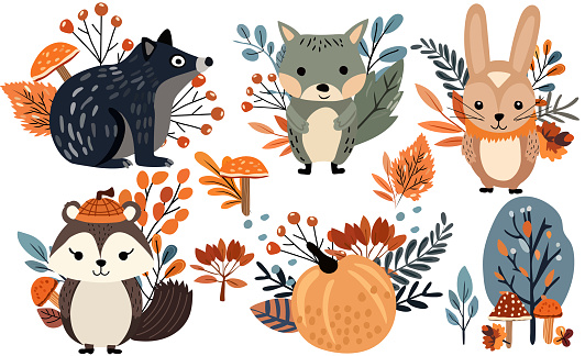 Seasonal autumn set, wildlife, veggies, colorful tree, leafage. Harvest festival Thanksgiving icons, including cute rabbit, funny raccoon, mole. Vector illustration