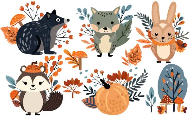 Vector illustration of Seasonal autumn set, wildlife, veggies, colorful tree, leafage. Harvest festival Thanksgiving icons, including cute rabbit, funny raccoon, mole. Vector illustration