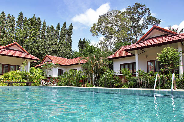 case di relax tropicale - luxury hotel palm tree lush foliage asia foto e immagini stock