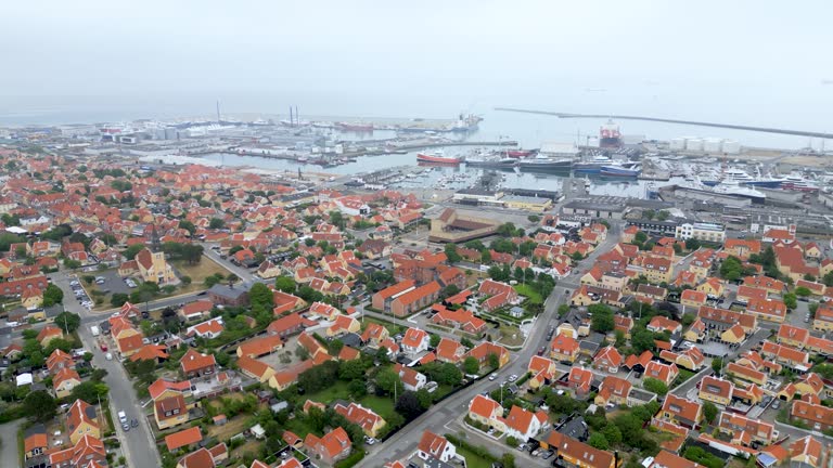 Skagen city from above. Flying towards the harbor