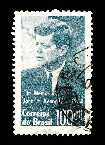 Photo of Brazilian postage stamp, on black background.