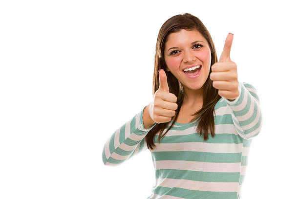 istock Excited Ethnic Female with Thumbs Up on White 160115039