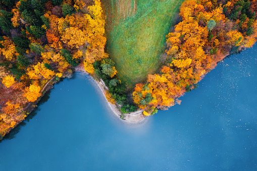 Aerial view on footpath by the beautiful blue lake. Trees are in autumn colours.