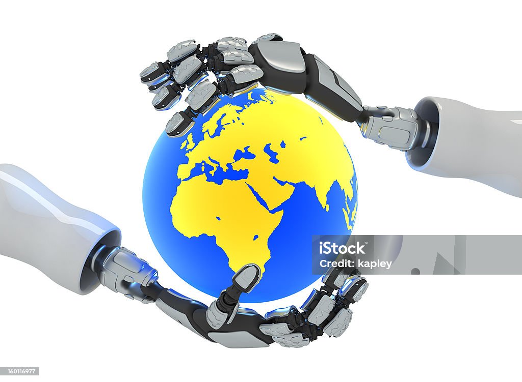 New technologies Three-dimensional model of hands of the robot and planet the Earth Computer Stock Photo