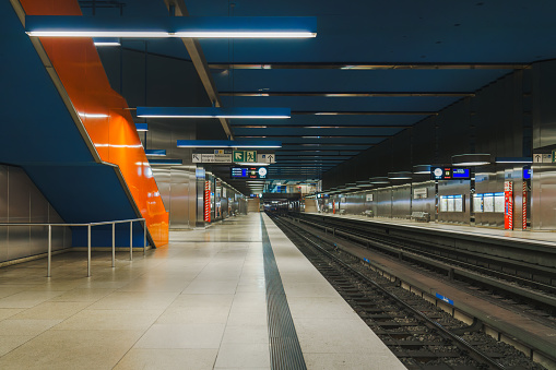 Munich, Bavaria, Germany, July 29, 2023. Olimpia metro station. View of the underground platform