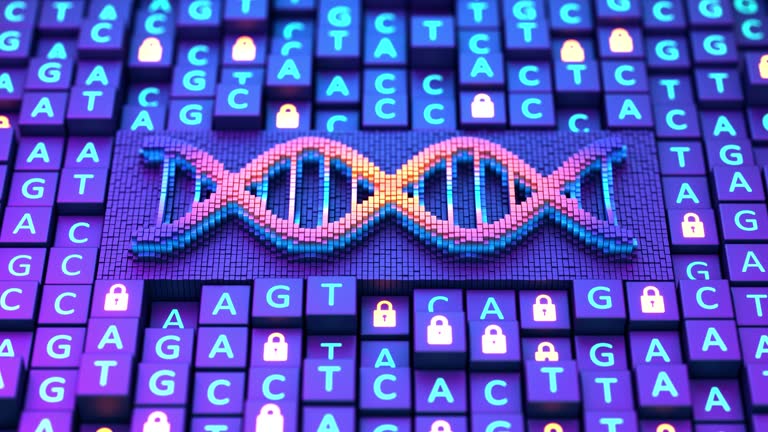 Seamless loop. Digital screen with DNA strands and sequencing ATGC data background. Double helix structure. Nucleic acid sequence. Genetic research. 3d illustration.