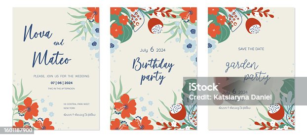 istock Set of floral invitation cards. Beautiful compositions with tropical flowers and leaves. Photo frame templates. Hand drawn vector illustrations. 1601187900