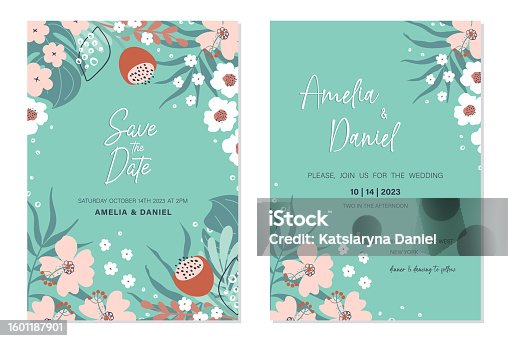 istock Set of floral invitation cards. Beautiful compositions with tropical flowers and leaves. Photo frame templates. Hand drawn vector illustrations. 1601187901