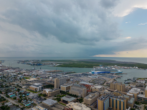 Aerial view storms over Port Galveston Texas