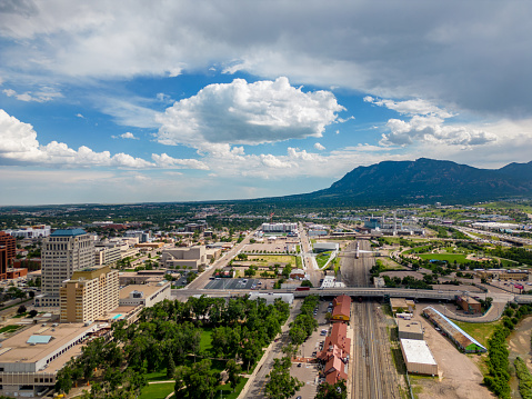 Aerial shot of the state capitol building dome in Carson City, Nevada on a sunny day in summer.