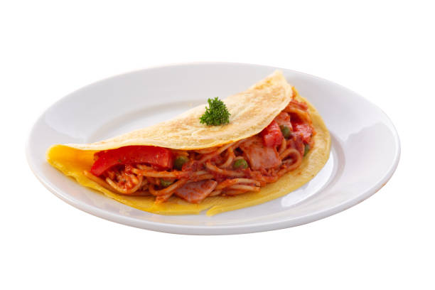 istock Spaghetti filled in fried egg on plate isolated on white 1601210373