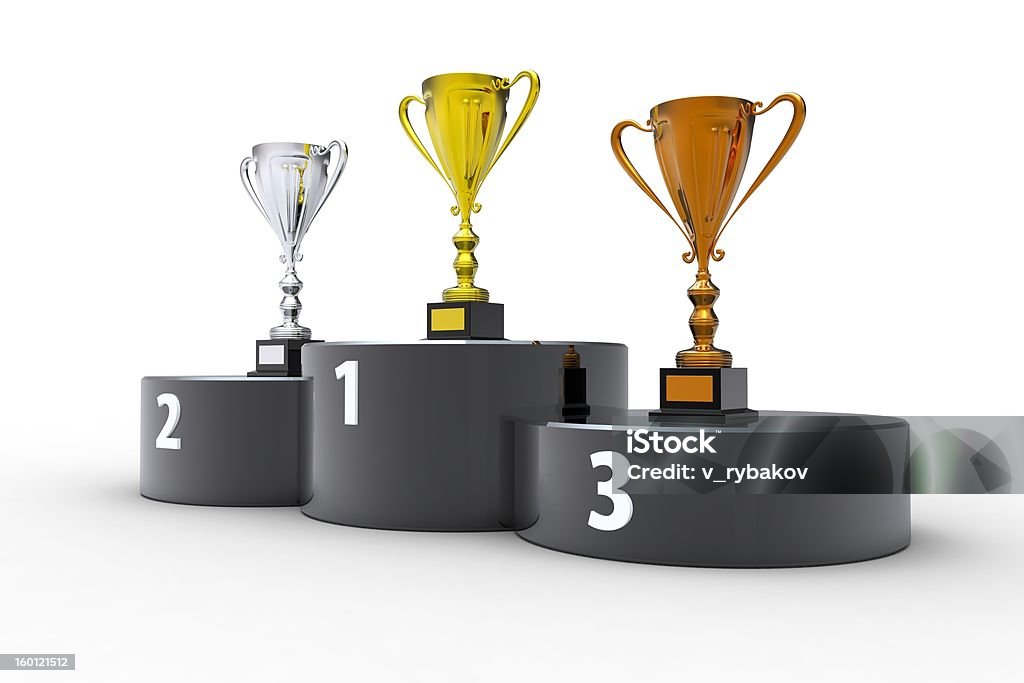 First place! A black podium and a gold cup. Achievement Stock Photo