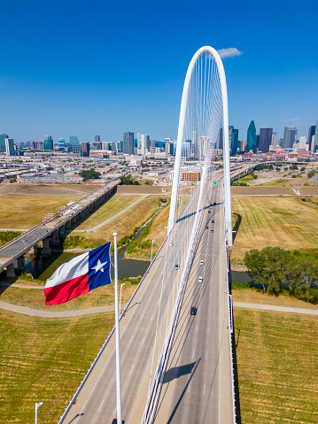 Aerial photo Margaret Hunt Hill Bridge Dallas Texas Flag
