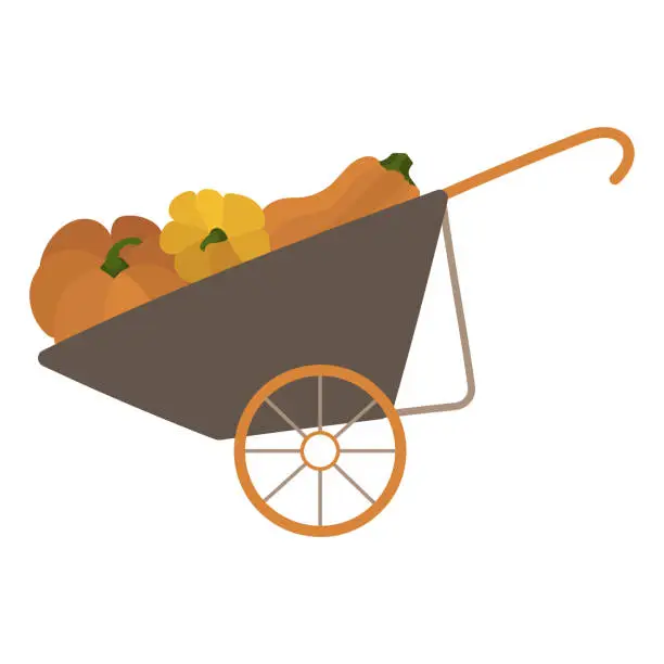 Vector illustration of garden wheelbarrow with pumpkins in a cute flat hand-drawn style