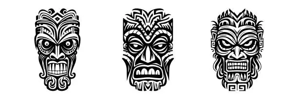 Vector illustration of Tiki idols. Tribal polynesian mask, hawaiian wooden totem. Aztec style retro tattoo, African voodoo scary god design. Tribal-tiki exotic face. Vector set