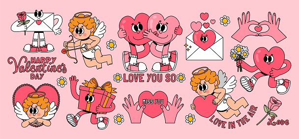 Retro Valentines day sticker. Cartoon groovy romantic elements, holiday hippy characters. Vintage comic cute cupid with love arrow, running heart with flower, vector set. Hands holding valentine card
