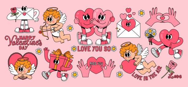 Retro Valentines day sticker. Cartoon groovy romantic elements, holiday hippy characters. Vintage comic cute cupid with love arrow, running heart with flower, vector set Retro Valentines day sticker. Cartoon groovy romantic elements, holiday hippy characters. Vintage comic cute cupid with love arrow, running heart with flower, vector set. Hands holding valentine card rose cartoon stock illustrations