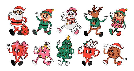 Christmas groovy character. Cartoon retro 30-s Xmas and New Year dynamic holiday characters. 70s vintage style Santa Claus with funny elves, cute snowman, deer vector set. Decorated fir tree