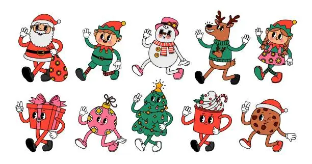 Vector illustration of Christmas groovy character. Cartoon retro 30-s Xmas and New Year dynamic holiday characters. 70s vintage style Santa Claus with funny elves, cute snowman, deer vector set